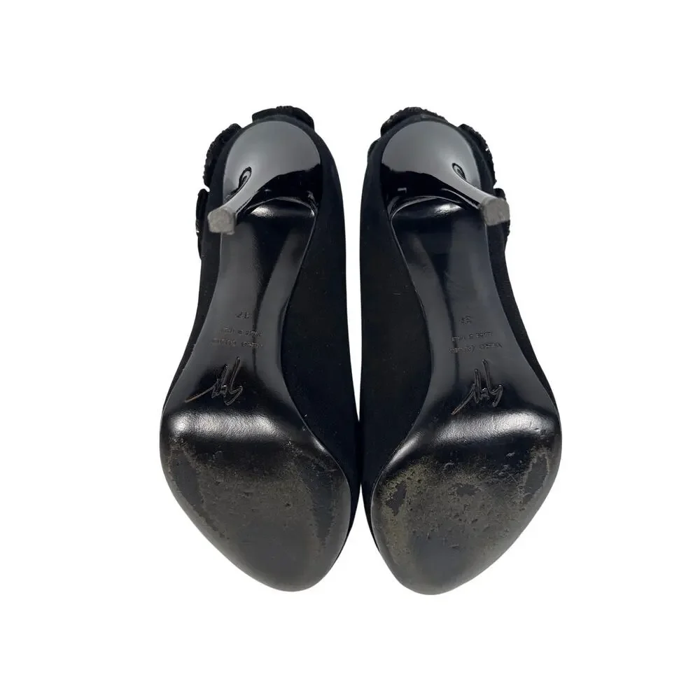 Giuseppe‎ Zanotti Black Suede Bow Embellished Peep Toe Stiletto Sandals 37 EU